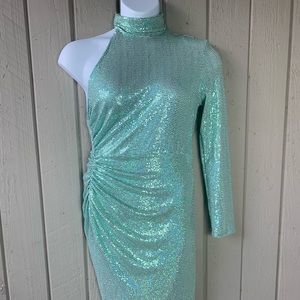 Blue One Shoulder High Neck Sequin Dress